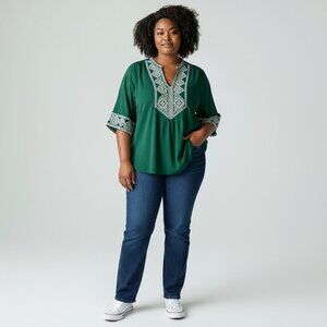 Green Embroidered Tunic Blouse Boho Short Sleeve Flowy 2XL